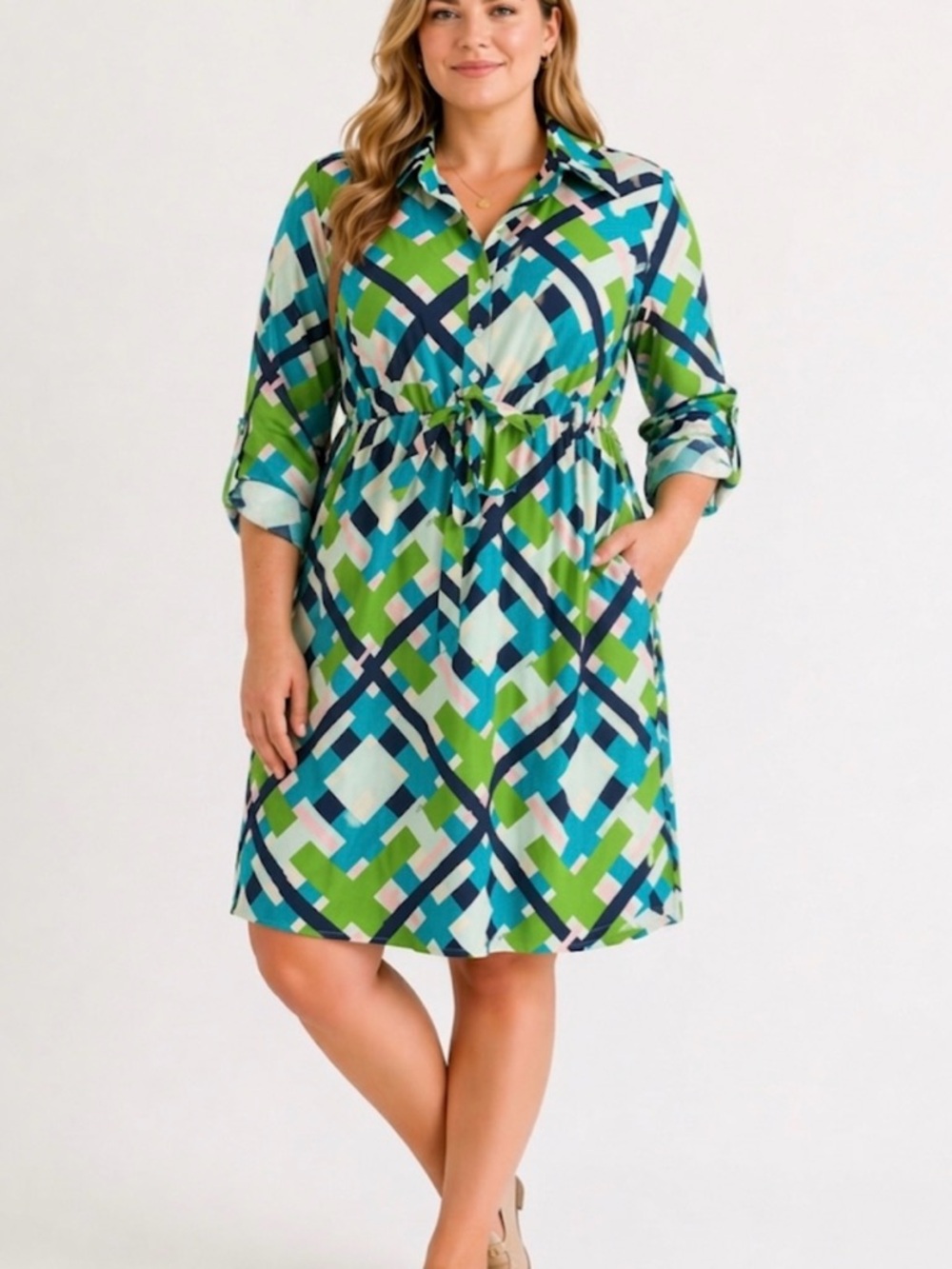Lilly Pulitzer Sabine Shirt Dress L 100% Cotton Geometric Print Roll Tab EUC